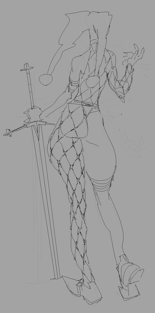 A sketch of a woman wearing what appears to be a jester outfit that exposes her right leg and left arm. She's also holding a big sword.