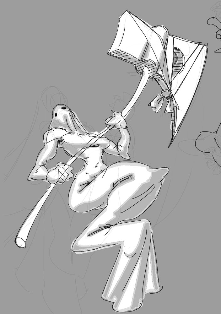 A female figure covered by white cloth, similar to a sheet ghost. Shes floating and holding a big axe 