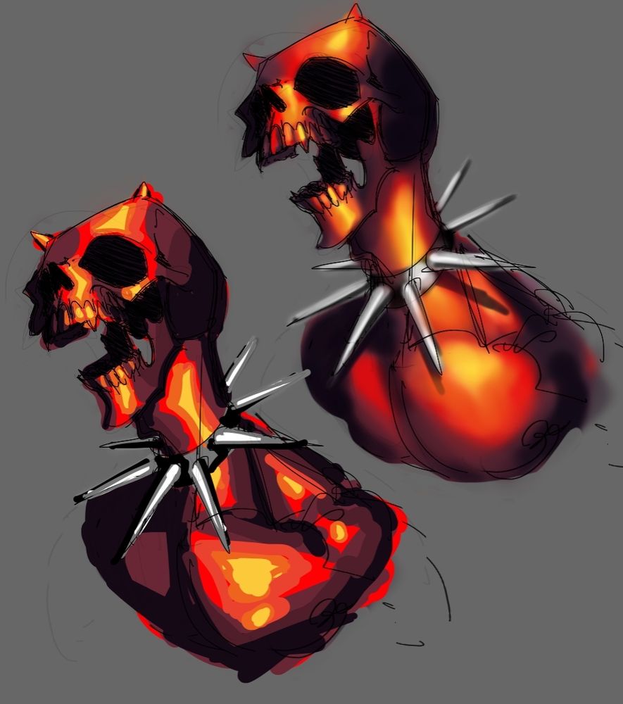 Two similar sketches of a red skeleton, one of them is rendered more softly with an air brush and the other one has a more stylized and sharp rendering style