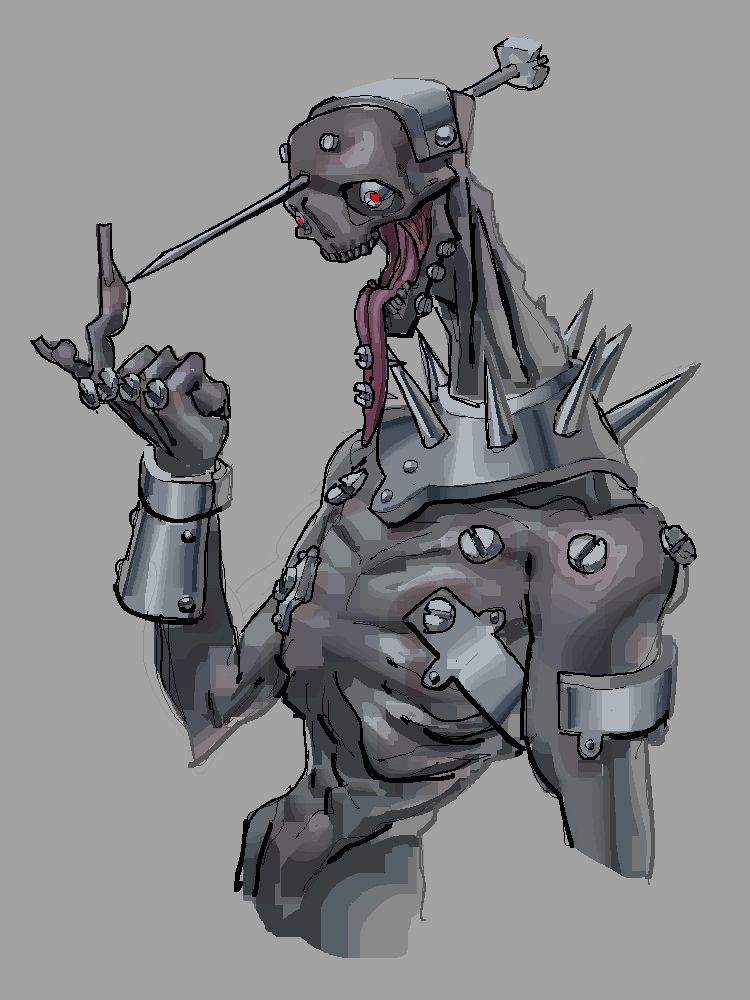 A grey zombie with mechanical eyes and metal pieces and bolts all over it's body 