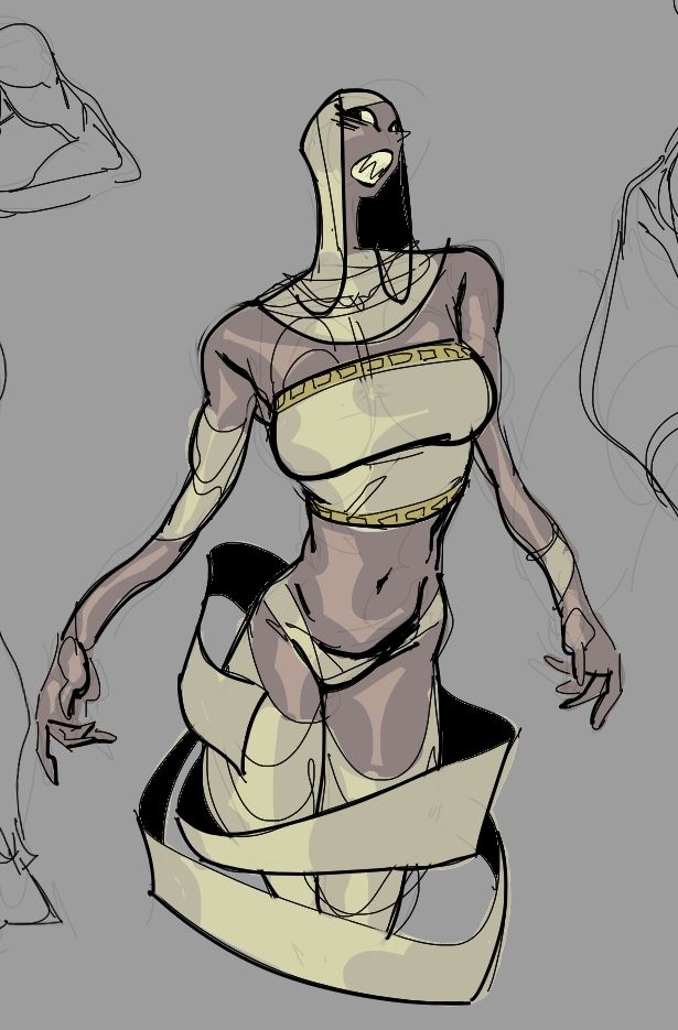 An undead woman with sharp teeth looking at the viewer with a curious expression, she's wearing nothing but a white piece of cloth in her chest and bandages around her head and legs.
