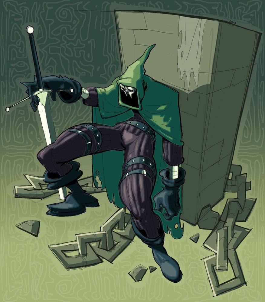 A big man in front of a grey wall, behind the wall there are big chains that extend to the foreground. The man is in a tired posture supported by a big sword that is stuck in the ground. He's wearing a dark outfit with black boots and gloves, similar to what an executioner would wear, a green hooded cloak and a metal mask.  The piece is mostly composed of green tones except for his outfit.
