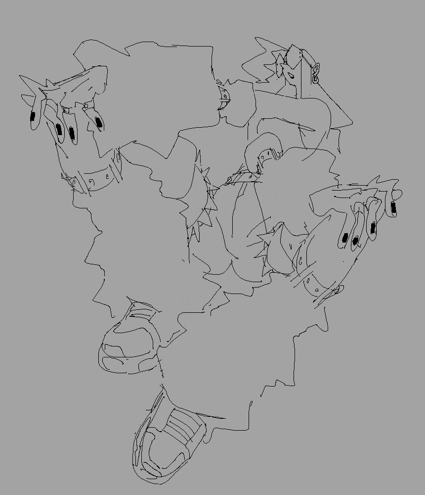 A sketch of a woman in a sitting position with her arms crossed and her hands on her knees. 