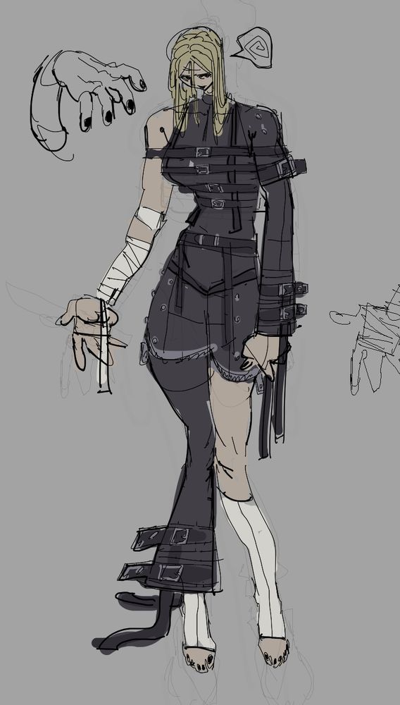 A blonde woman with her head low, she has an expression of concern on her face. She's wearing a full body black suit with a bunch of belts that exposes her right arm and left leg and.