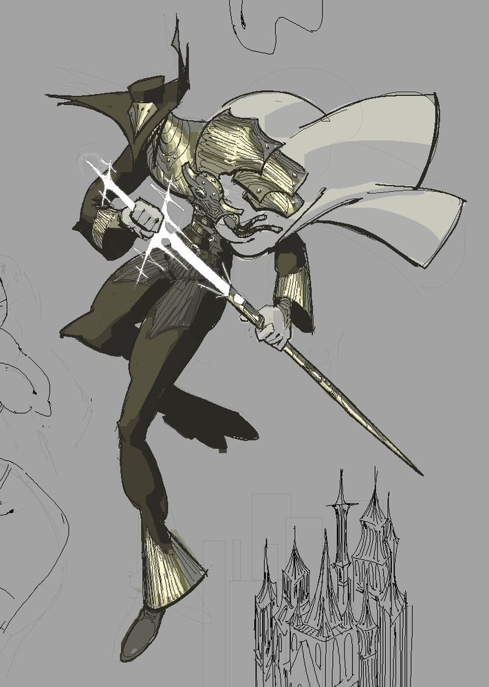 A knight unsheathing a white sword. They're wearing a pointy hat and an elegant outfit underneath the armor