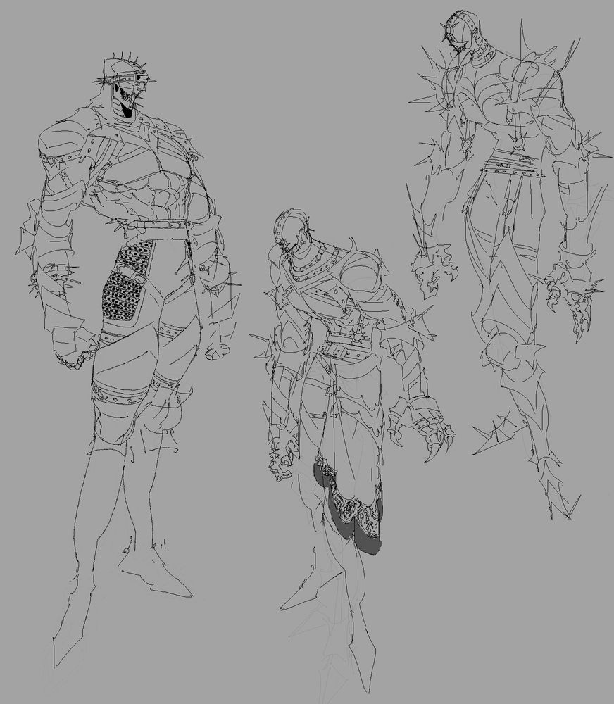 A page with 3 different sketches of the same concept, a guy wearing armor full of spikes and belts. 