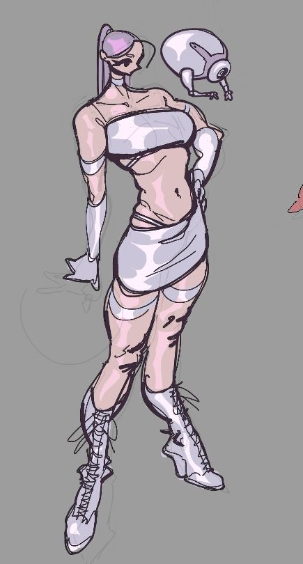 A woman with grey hair wearing a white shiny outfit composed of a tight skirt, a top, boots and high gloves, she also has a little drone by her side.