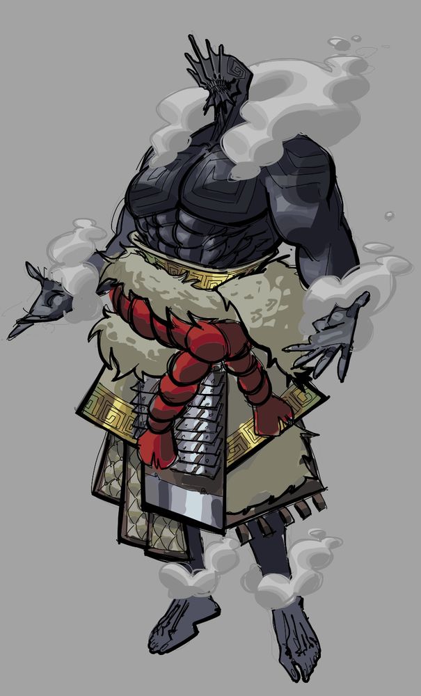 A strong humanoid creature made of stone, it has no eyes and a crown is protruding from its forehead. They're using clouds of smoke around their neck, wrists and ankles, as if they were elegant accessories. their clothing is a mix of different pieces of fabric, armor and fur around their waist.