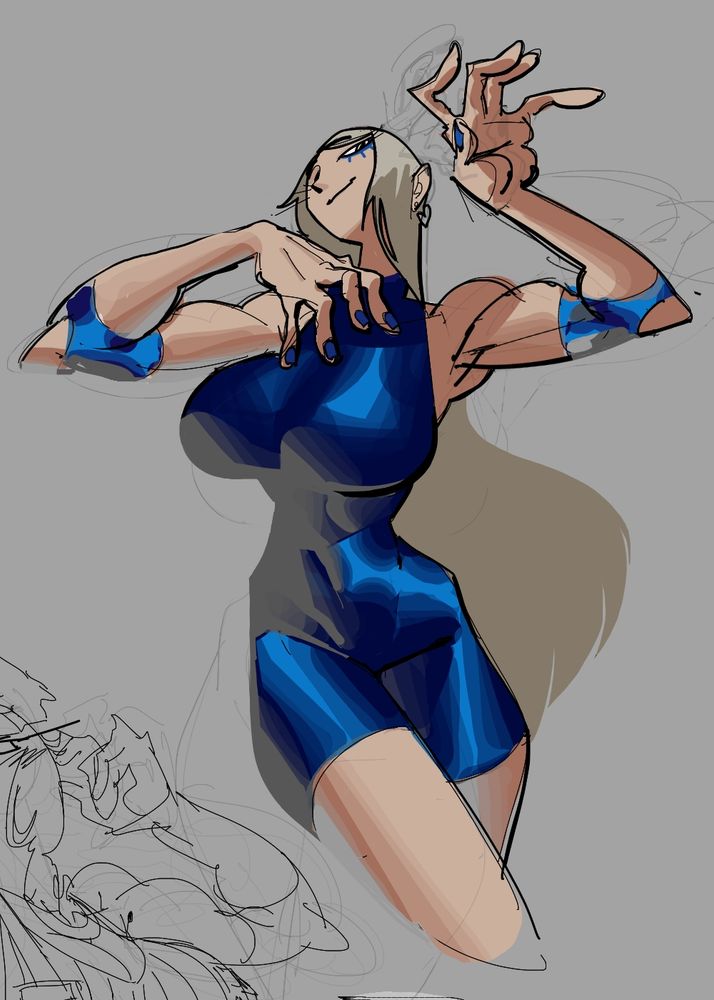 A woman holding her hands close to her face while smiling at the viewer. She's wearing a blue bodysuit 