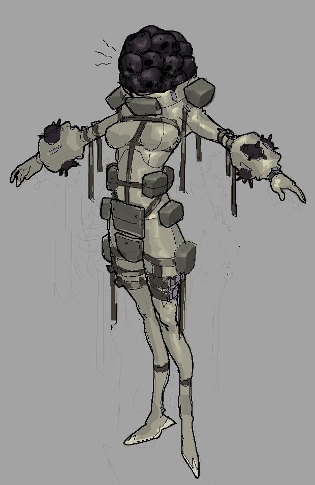 A sketch of a female figure wearing a body suit and a pile of black skulls to cover her head.