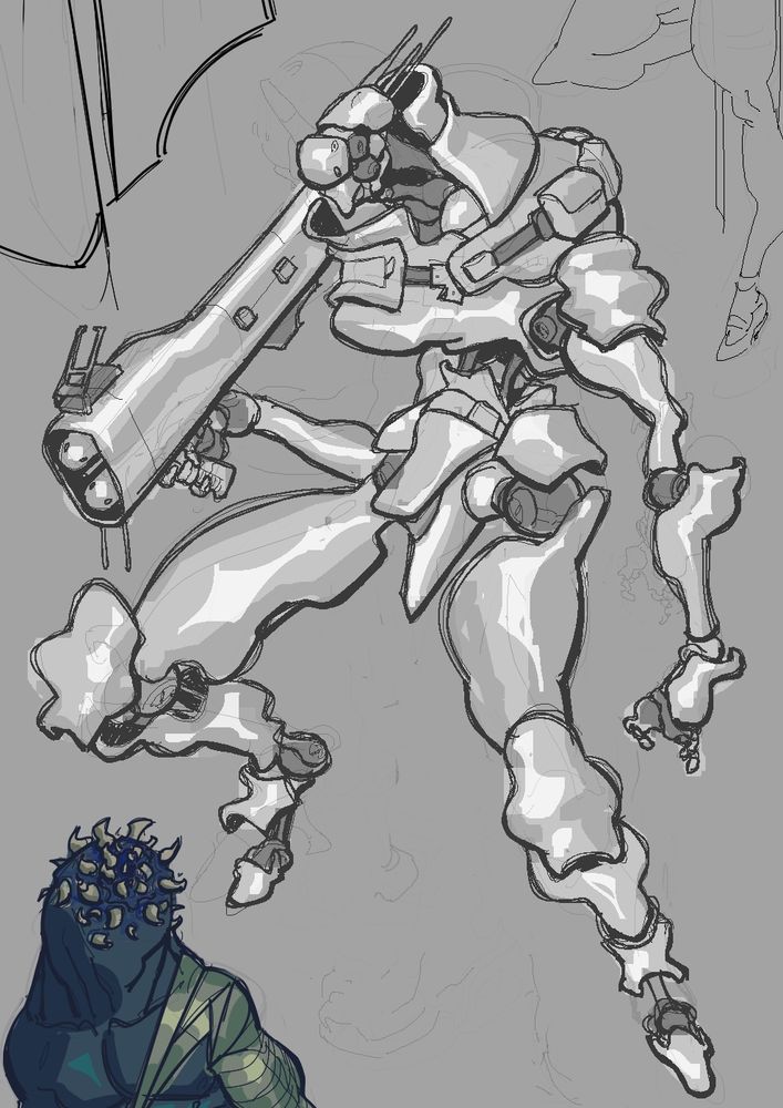 A black and white sketch of a robot holding a rocket launcher.