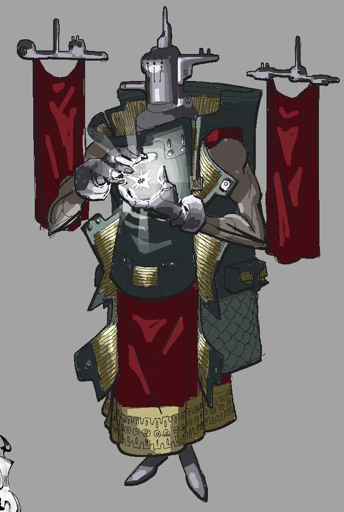 A guy with long arms wearing a green coat and a weird metallic helmet. He has his hands in front of him and in between them there's an eye that produces a strong light. Behind him there are 2 floating banners.