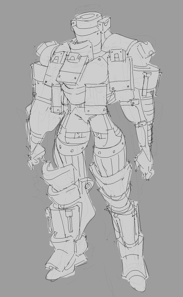 A person wearing a heavy armored suit that covers everything except for the arms and the upper part of the legs, the armor is composed of thick curved pieces and five rectangular plates that hang from the upper torso.