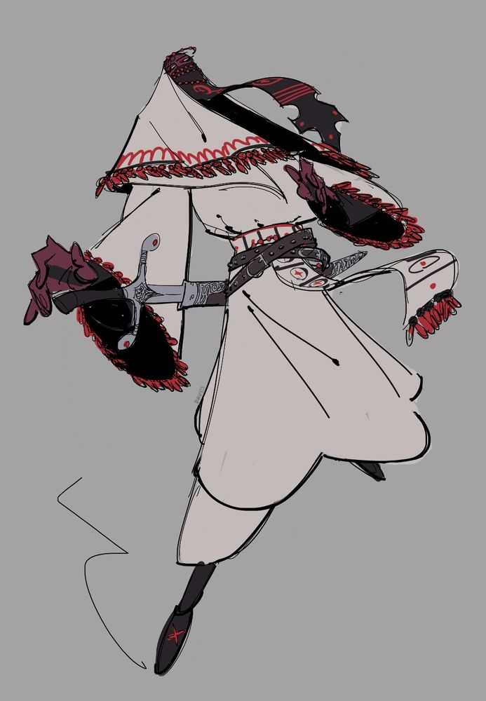 A woman unsheathing a scimitar. She's wearing Bedouin clothing and a veil that covers the lower half of her face. 