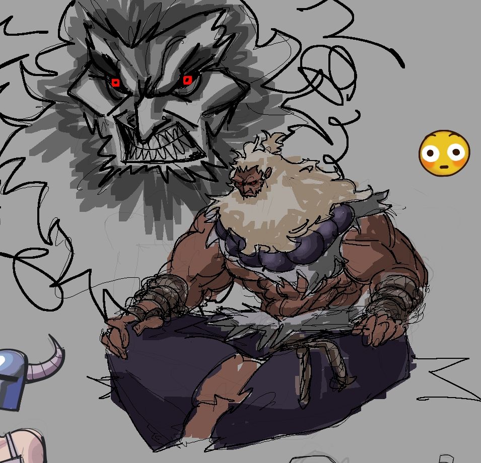 2 sketches of Akuma from Street Fighter 6,  on the left one he's doing that weird face that he does and on the one on the right he's sitting on the floor.