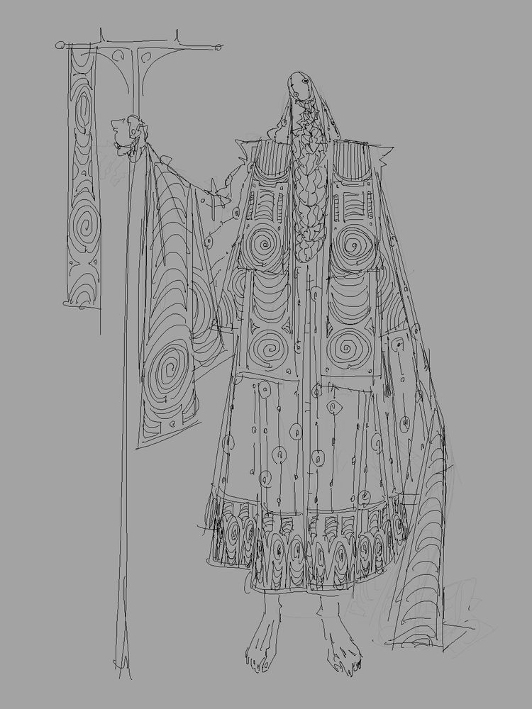 A tall mysterious figure holding a ceremonial staff. The figure is wearing a mask and a robe that covers their whole body and has an unnecessary amount of circular and curved patterns.