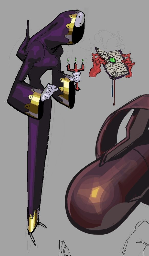 A colored sketch of a person wearing a purple robe with golden details and a white mask, Next to them there's a pair of red hands holding an open book with an eye in the middle of the pages.