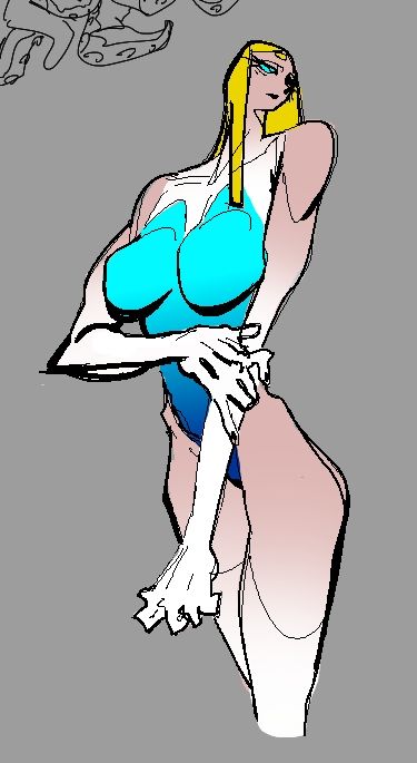 A knee up sketch of a tall blonde woman, she's wearing a neon swimsuit, white thigh highs and high gloves, the ends of her tight highs and gloves transition into skin gradually as if it's disappearing.