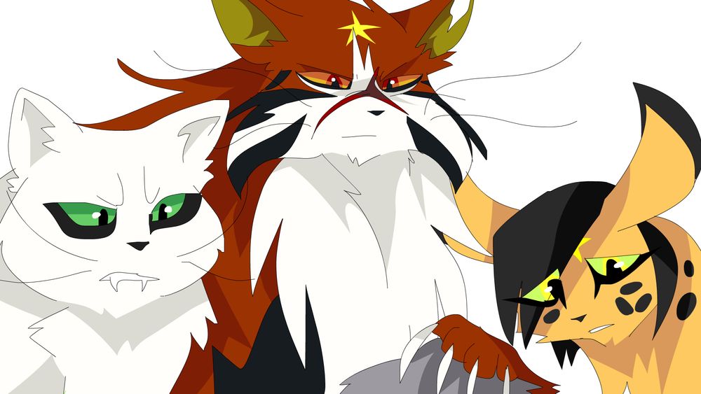 Tigerstar holding Mistyfoot's head with his claws, looming ominously with Blackfoot and Leopardstar with malicious intent.