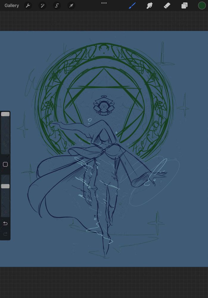 A digital sketch of The Arbitor, a boss from the video game Star of Providence, after it has transformed from its previous form, known as The Warden. Its usual appearance is of a humanoid shape glowing brightly from its entire body, without any clothing.

In this sketch, The Arbitor is wearing the hooded robes from his Warden form, which seem to be flowing from a strong wind behind him. His right arm rests beside his torso, with his left arm raised slightly and covered by a long sleeve.

The Arbitor seems to emanate a lot of energy, represented by white lines clinging to his body, which look somewhat like wisps of steam.

Behind The Arbitor, a strange shape hovers inside a green seven-sided star, which itself is inside a series of green rings, the outermost one covered in vague-looking but still intricate shapes and lines.

The background is mostly empty, except for tall, green shapes resembling four-pointed stars.