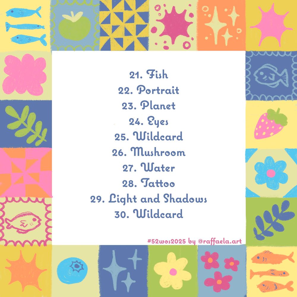 21. Fish
22. Portrait
23. Planet
24. Eyes
25. Wildeard
26. Mushroom
27. Water
28. Tattoo
29. Light and Shadows
30. Wildcard
#52wos2025 by @raffaela.art