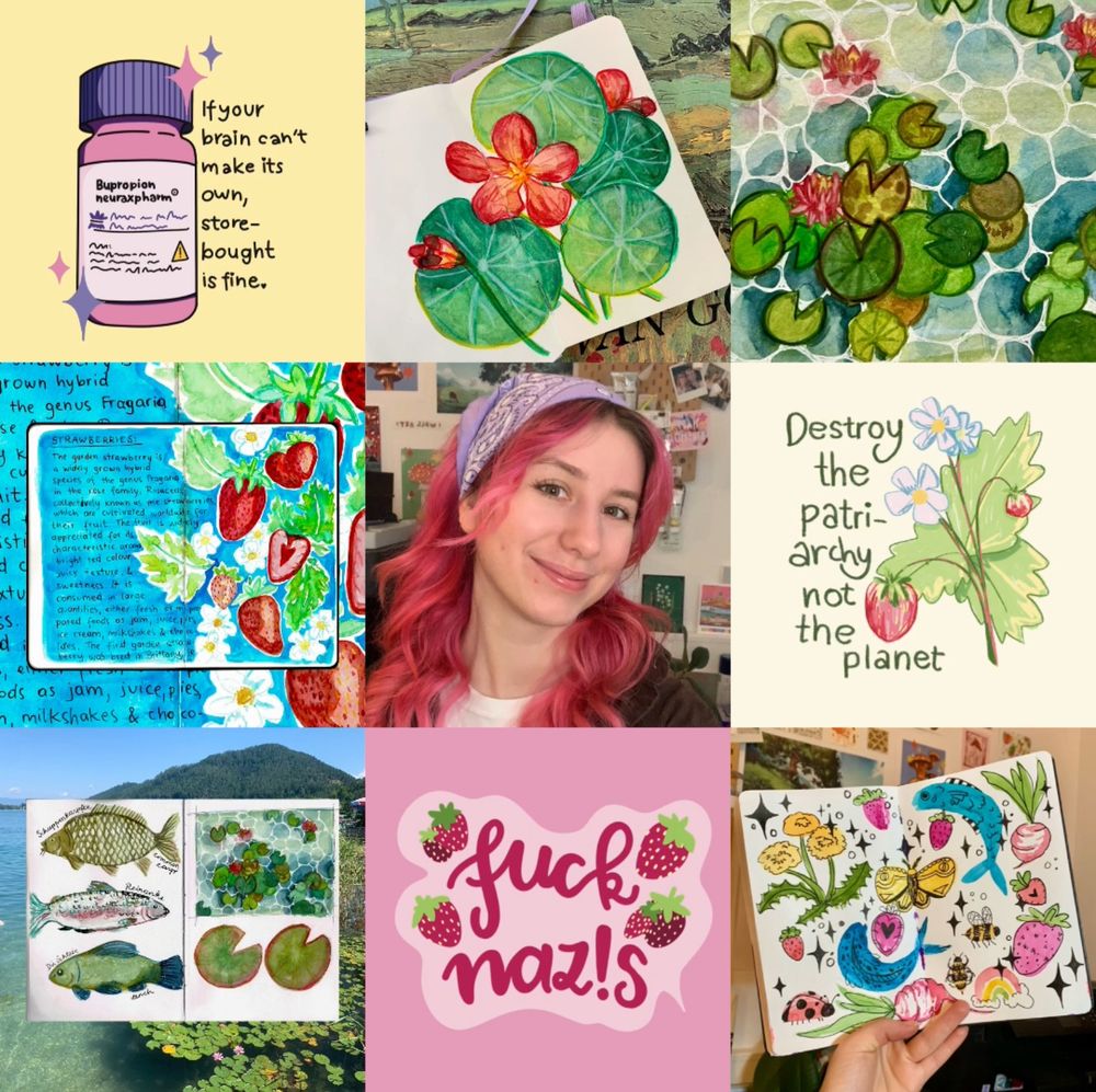 3 x 3 foto collage with colourful art and a selfie in the middle square