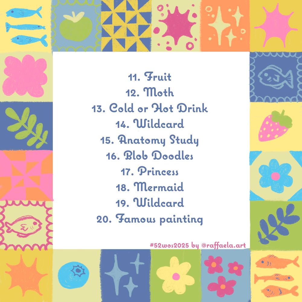 11. Fruit
12. Moth
13. Cold or Hot Drink
14. Wildcard
15. Anatomy Study
16. Blob Doodles
17. Princess
18. Mermaid
19. Wildcard
20. Famous painting
#52wos2025 by @raffaela.art