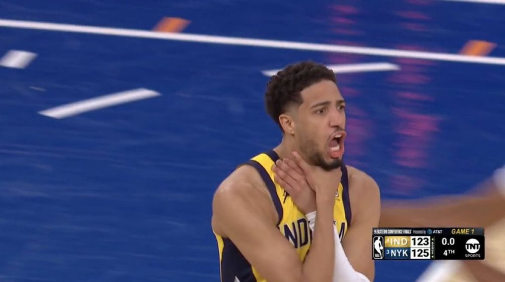 Tyrese Haliburton hits the international sign for choking a la Reggie at MSG