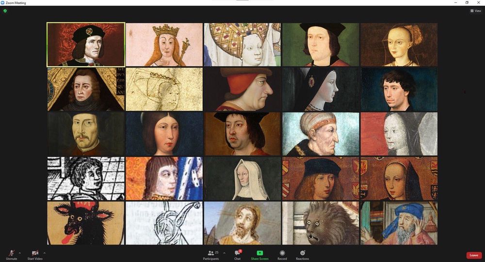 A mockup of a Zoom meeting but the attendees are all medieval people including Richard III, Anthony Woodville, Cecily Neville, and others.