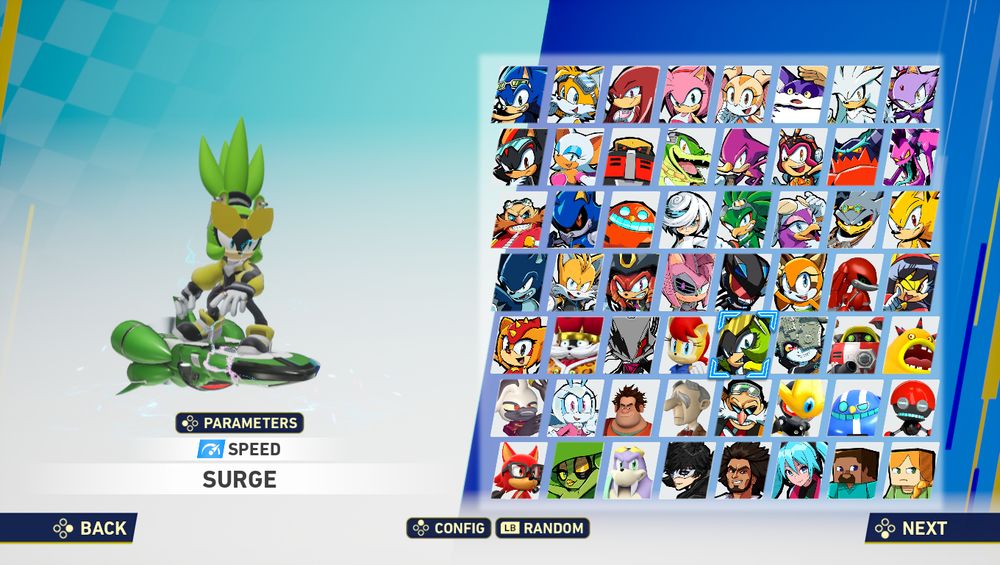 the character select screen from sonic crossworlds, expanded to include a roster of modded characters, which include (in order):
Phantom Rider
Marine the Raccoon
Metal Knuckles
Honey the Cat
Trip the Sungazer
Dodon Pa
Infinite
Sally Acorn
Surge the Tenrec (who is selected)
Midna
E-102 Gamma
Zomom
Dr. Starline
Jewel the Beetle
Wreck-it Ralph
Professor Pickle
Eggman Nega
Gemerl
Hard-Boiled Eggpawn
Orbot
Gadget from Sonic Forces
Zeena
and Rotor Walrus