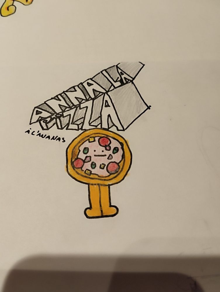 Un texte "Anna la pizza pizza à l'annanas" 
Et en dessous une pizza à l'ananas avec des yeux et une bouche. Elle a aussi des pied.