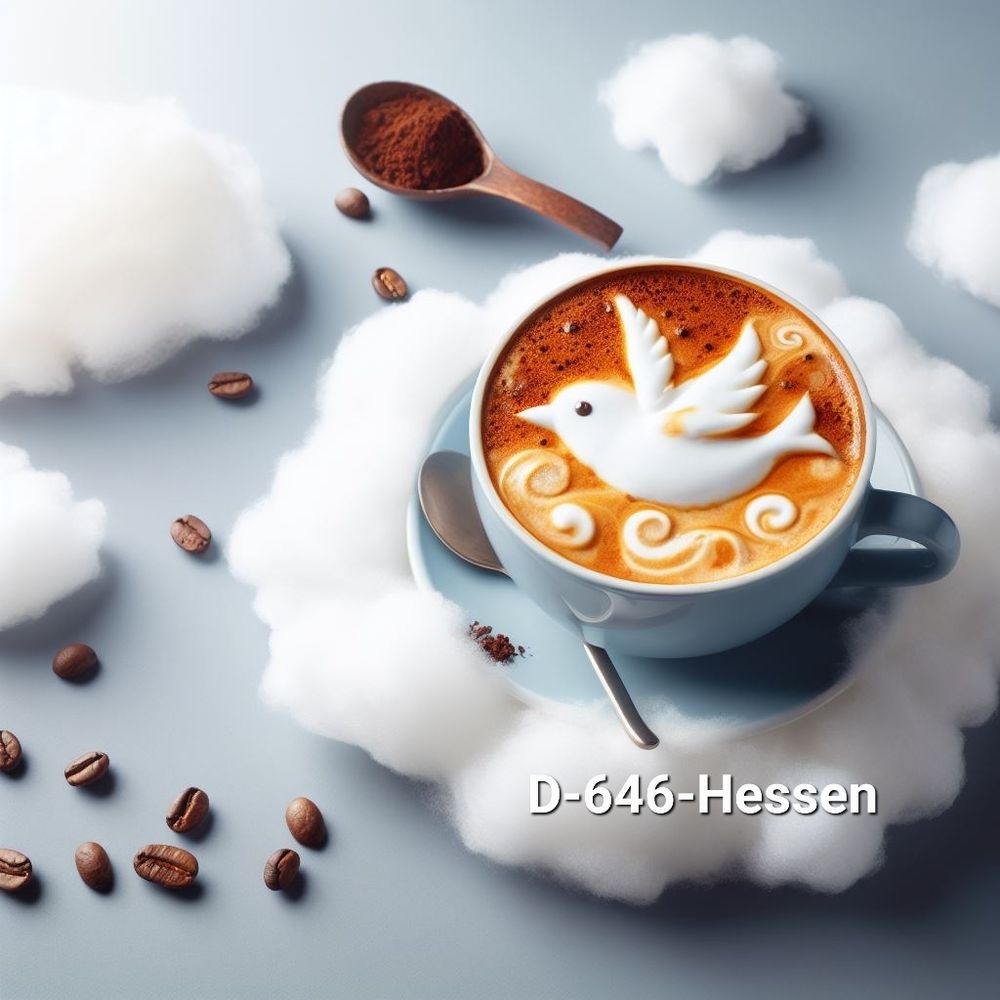 Ein Kaffee mit Vogel aus Sahne auf Wolken