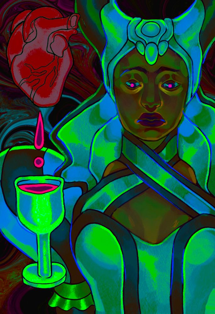a fanart of vivienne de fer from dragon age inquisition. it's made in dark but saturated colors, with lots of blues and greens. vivienne is a black woman, dressed in a white gown, with puff sleeves, a tall collar and an escoffion horned headpiece. she looks sadly at the viewer. on the left from her is a cup full of blood. in the upper left corner is a heart, bleeding into the cup