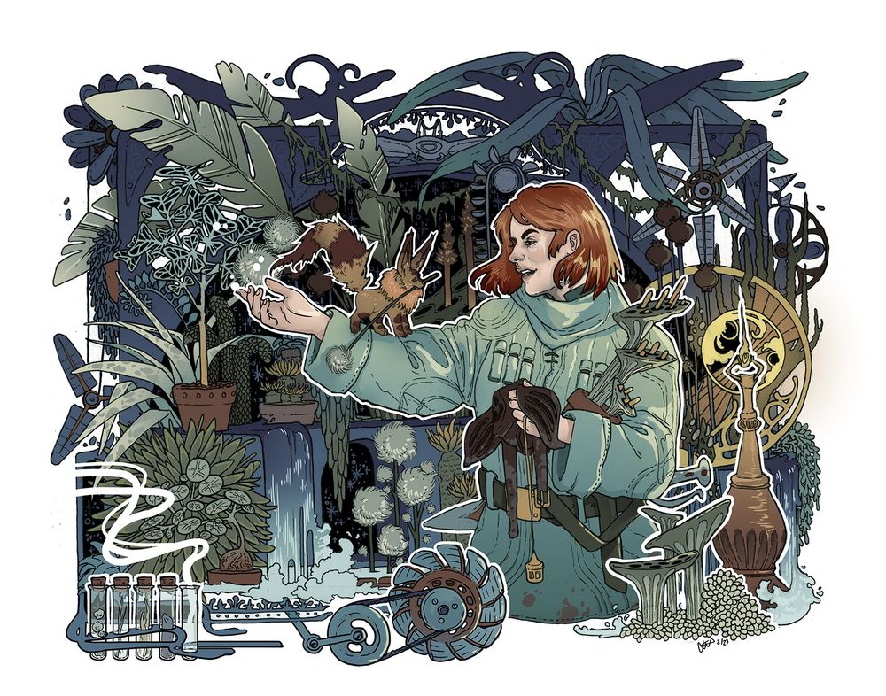 Naussica surrounded by potted plants reach out for Teto