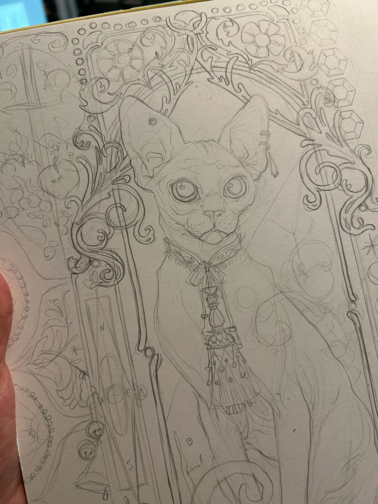Sketch of a Sphynx cat with tassel collar earrings flourished frame on either side of head with patterned design on left side