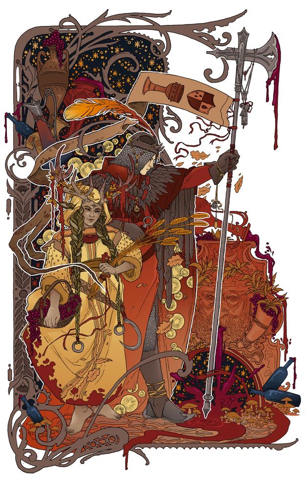 A deer horned person with braids carries a basket and wheat while an armored person behind them holds a axe. In the background are vessels of wine, and a fountain of wine