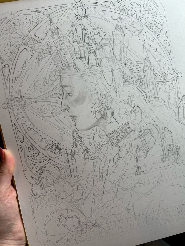 Sketch of a Woman in profile with a crown of headstones. A lantern earring. A circle background with repeat patterns in it frames her head, along with various headstones design motifs. 