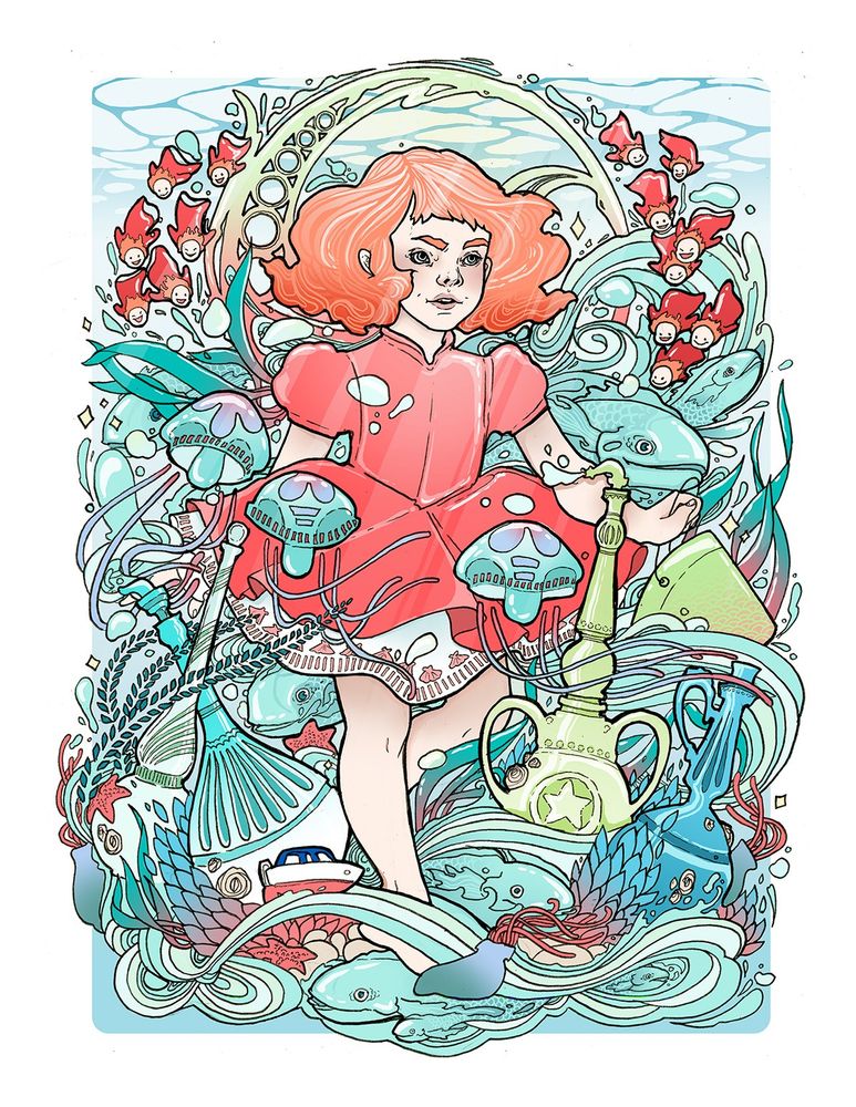 Ponyo walking through waves and bottles