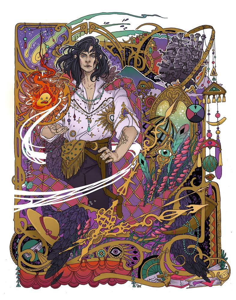 Howl holding Calcifer surrounded by his cluttered room