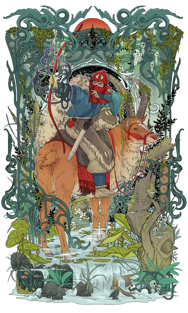 Ashitatak sitting on Yakul pulling back his bow in the forest