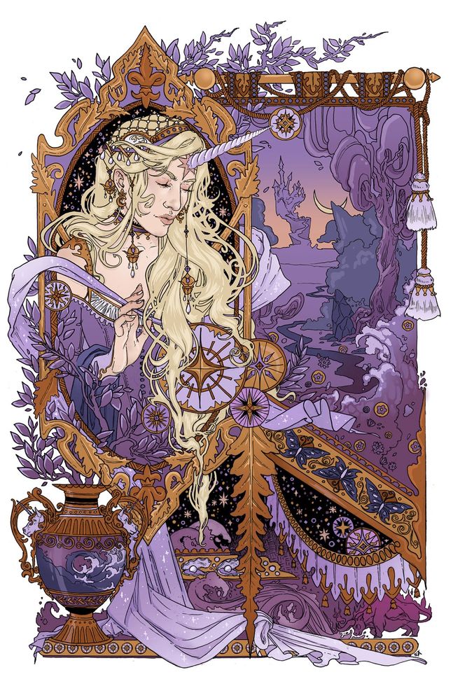 Blond unicorn woman looking down at floating stars, in a gilded frame. With unicorn vase in corner with tree branches growing from it. A tapestry hangs to her right with a butterfly repeat patterns below it