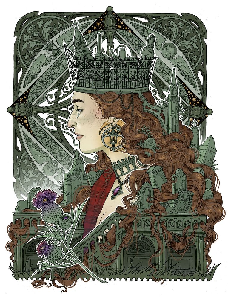 Graveyard Crowned queen, crying, with headstones tangled in her hair. 