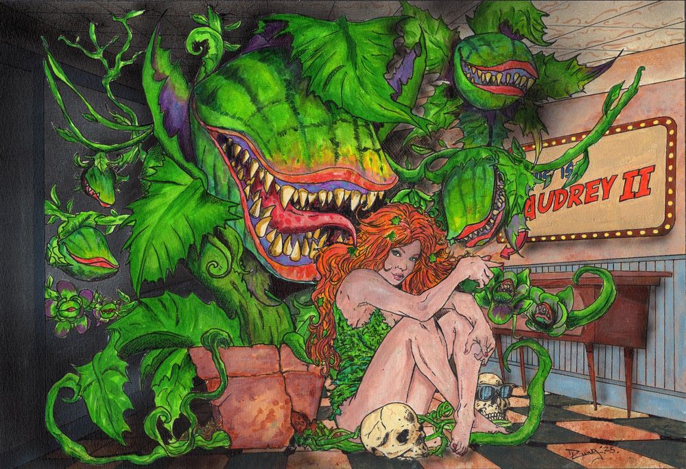 An acrylic painting of Audrey ii, the killer plant from Little Shop of Horrors, with DC Comics Poison Ivy in Mushnicks Flower Shop. The skulls of Audrey and Seymour are at Poison Ivy's feet