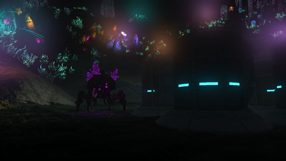 No Man Sky Screenshot of a corrupted quad by a resource deposit at the bottom of a deep ocean planet.