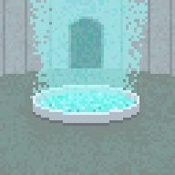 A pixelated room empty except for a basin filled with glowing bluish substances.