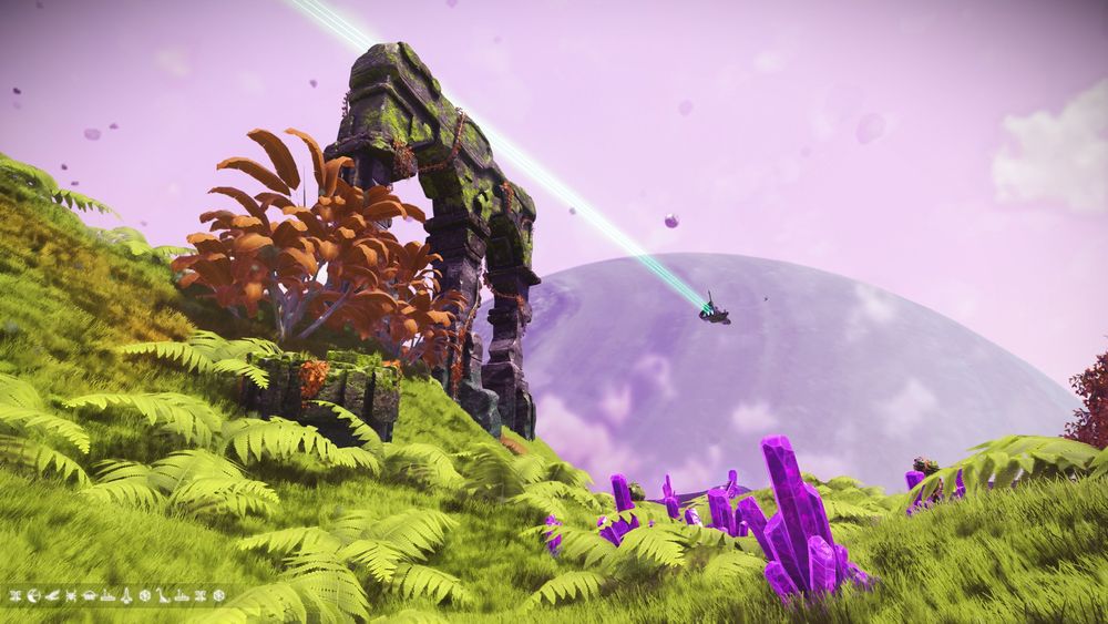 A No Man Sky screenshot of ruins on a lush moon with a gas giant planet in the background.