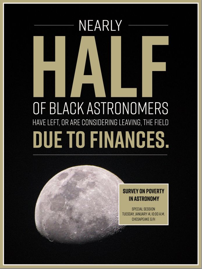 Poster saying "Half of Black astronomers have left, or are considering leaving, the field due to finances. Survey on Poverty in Astronomy Special Session, Tuesday, January 14, 10am in Chesapeake G/H" for #aas245