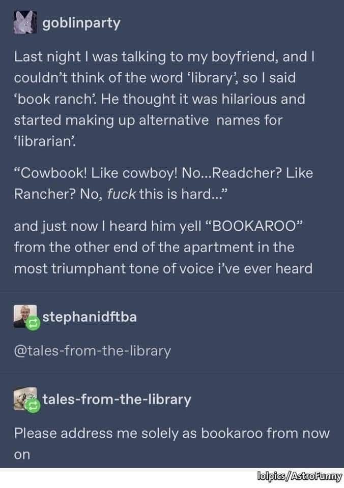 goblinparty

Last night I was talking to my boyfriend, and I couldn't think of the word 'library', so I said 'book ranch. He thought it was hilarious and started making up alternative names for 'librarian'.

"Cowbook! Like cowboy! No... Readcher? Like Rancher? No, fuck this is hard..."

and just now I heard him yell "BOOKAROO" from the other end of the apartment in the most triumphant tone of voice i've ever heard

stephanidftba

@tales-from-the-library

tales-from-the-library

Please address me solely as bookaroo from now on

lolpics/AstroFunny