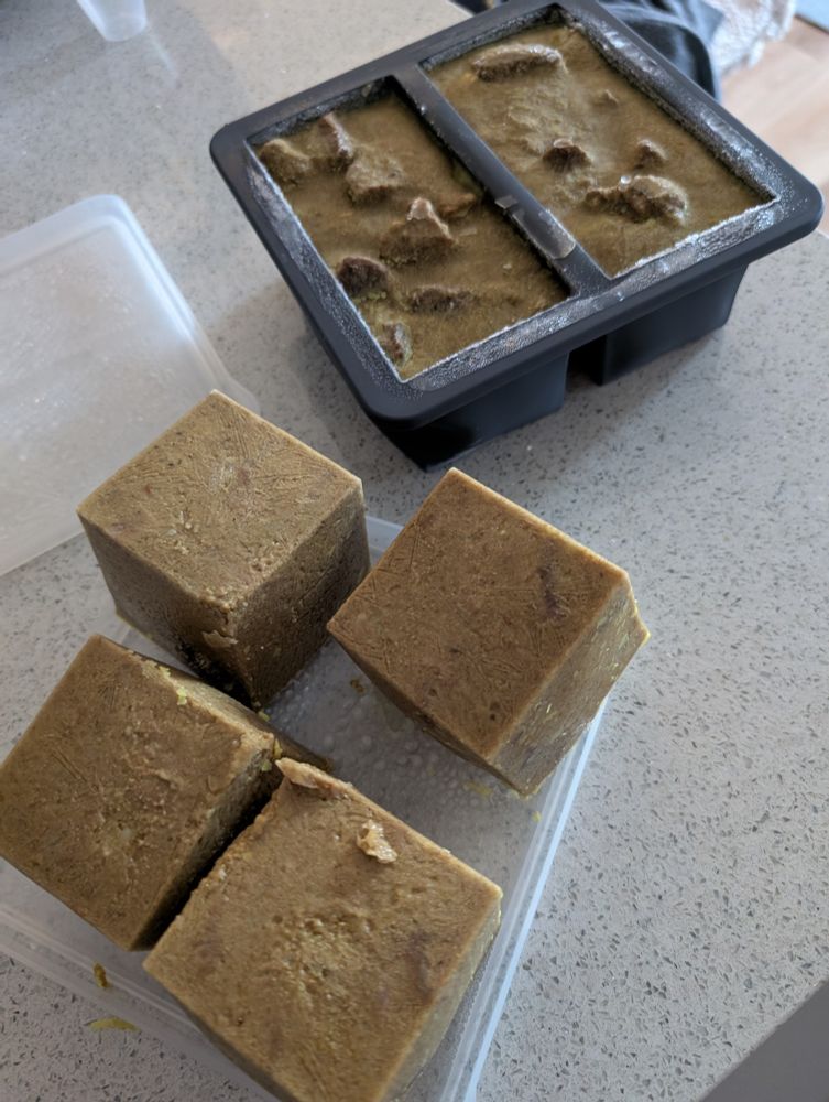 Four frozen cubes of lamb curry in a brownish sauce sitting on a clear lid. Behind is a grey silicone tray with two rectangular sections, filled with more lamb curry. 