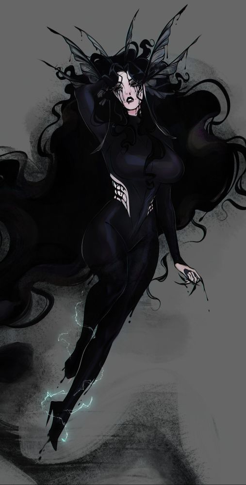 Flying goth fish woman with long black smokey hair, running makeup, runny mascara. 